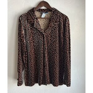 Vintage 90s Y2K Radcliffe Leopard Print Velvet Button Up Top XL Maximalism Glam